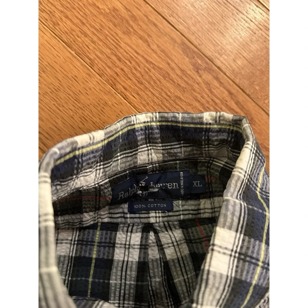 Polo Ralph Lauren Mens Seersucker Shirt Blue Green Yellow Plaid Size X-Large